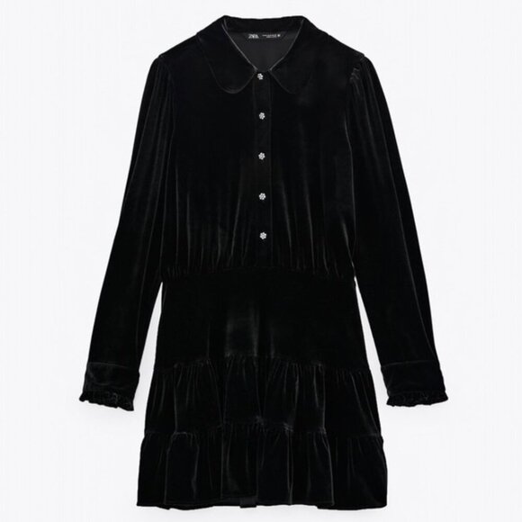 Zara Black Velvet Mini Ruffle Mini Flare Dress Size XS NEW WITH TAG! - Picture 2 of 9